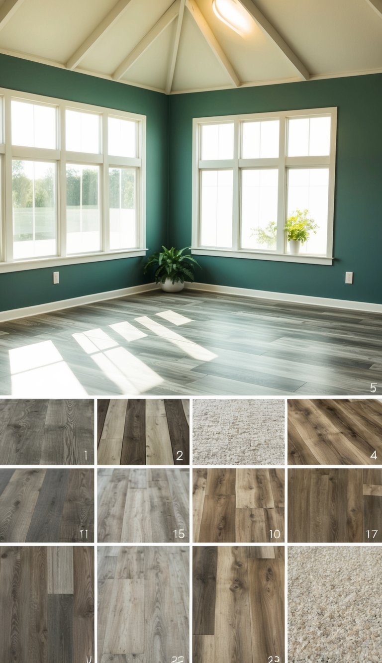 A sunroom with 23 different styles of laminate flooring displayed in a grid pattern. Light streams in through large windows, illuminating the various textures and colors