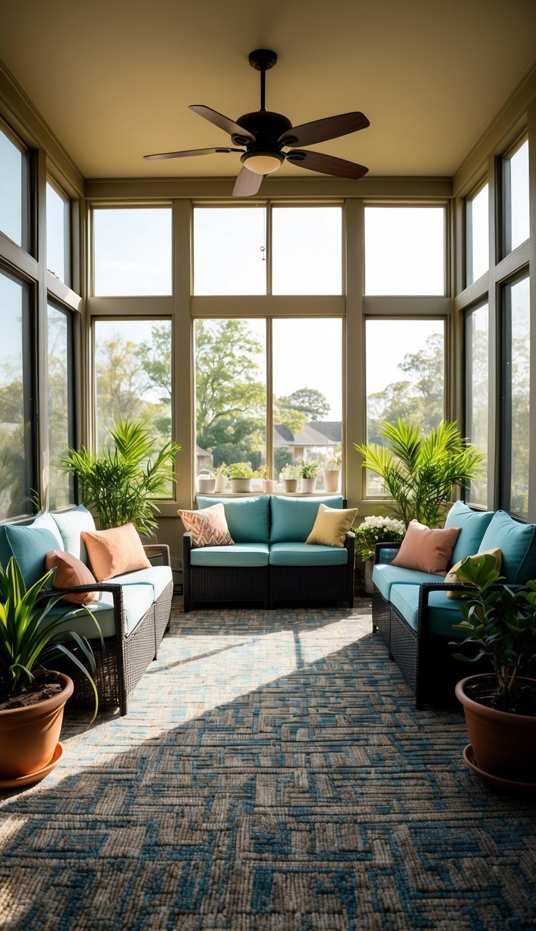 A sunroom with indoor-outdoor carpet, surrounded by large windows, potted plants, and comfortable seating. Sunlight streams in, creating a warm and inviting space