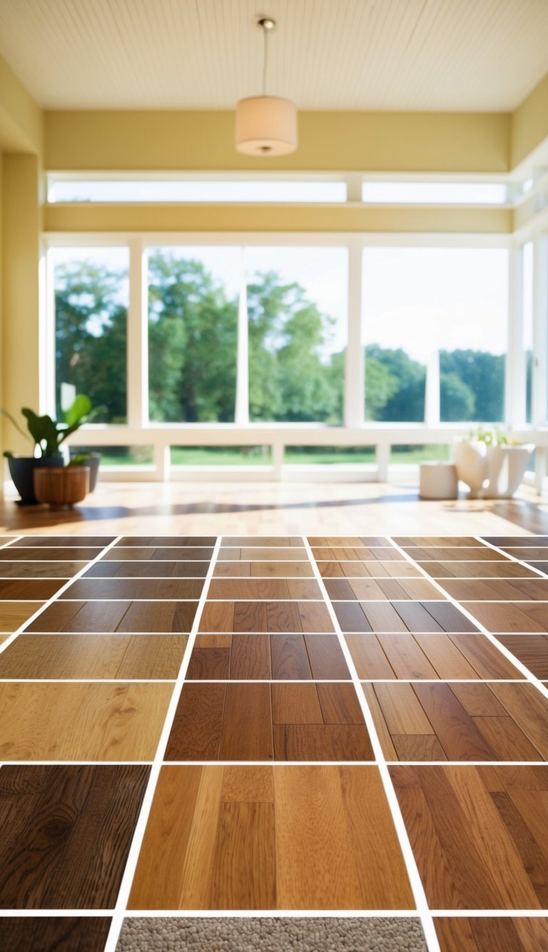 A sunlit sunroom with 23 different types of solid hardwood flooring samples arranged in a grid pattern on the floor