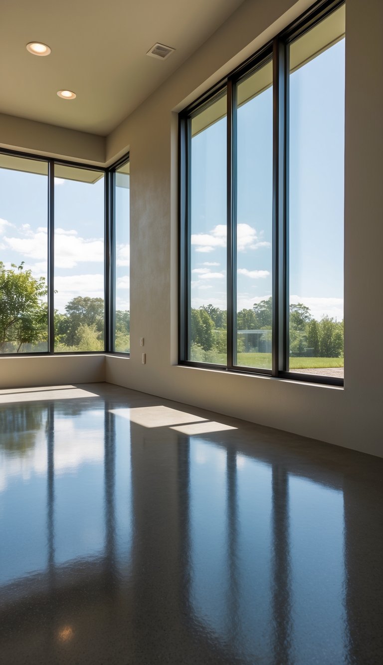 A sunlit sunroom with sleek, polished concrete flooring. Natural light filters in, highlighting the smooth, reflective surface