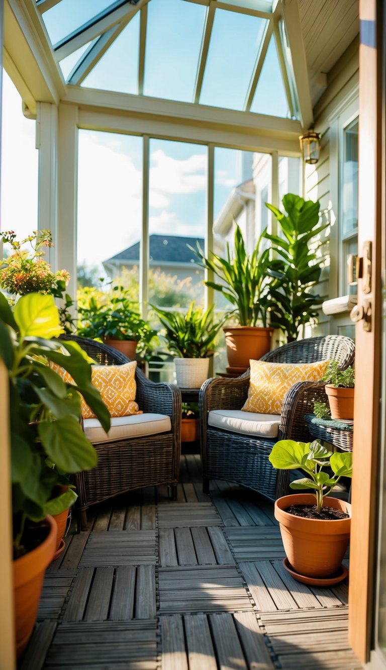 A sunlit sunroom with interlocking deck tiles, surrounded by potted plants and wicker furniture, creating a cozy and inviting space