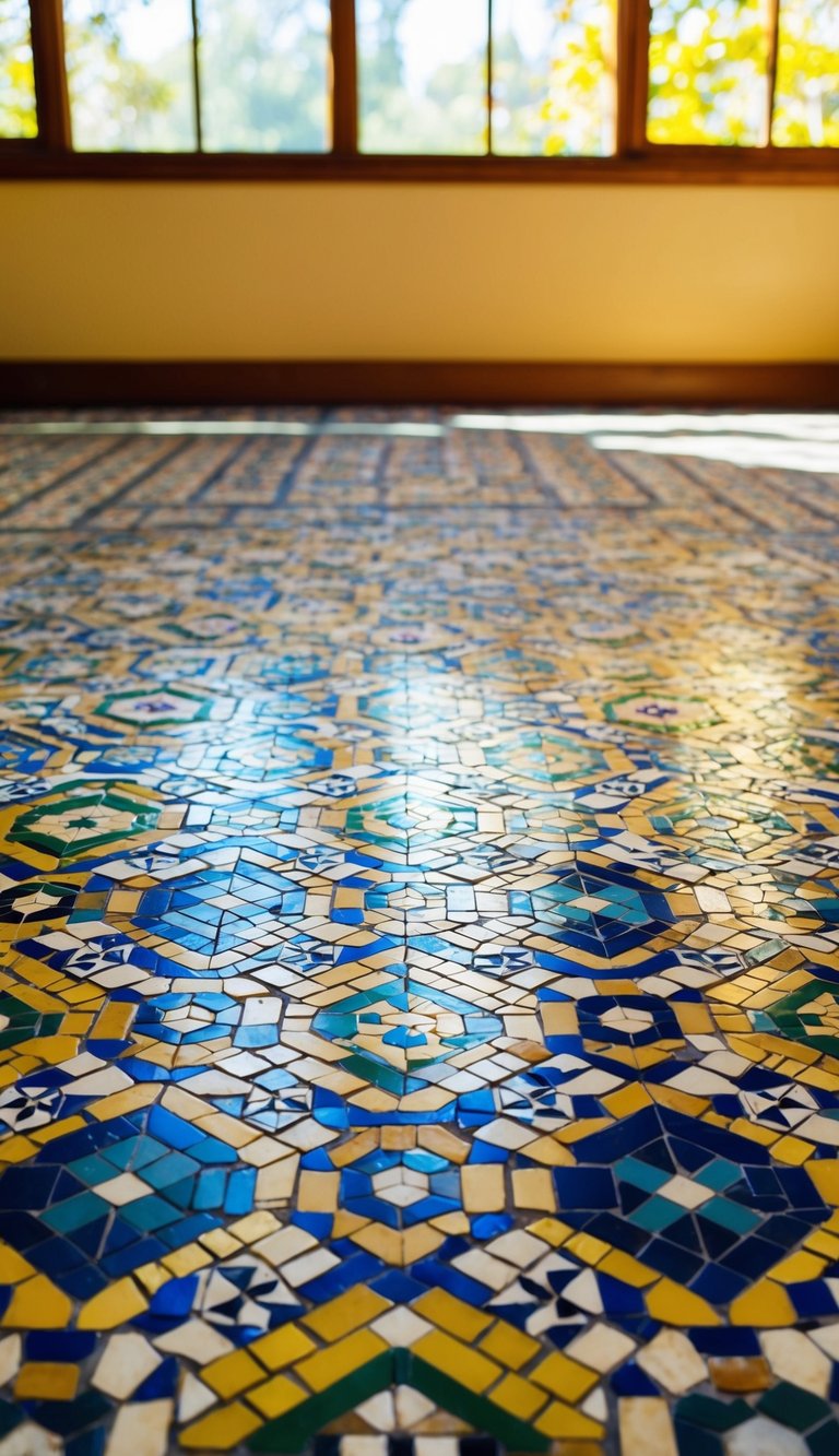 A sunlit sunroom with intricate mosaic tile patterns covering the floor, creating a vibrant and colorful display of geometric designs