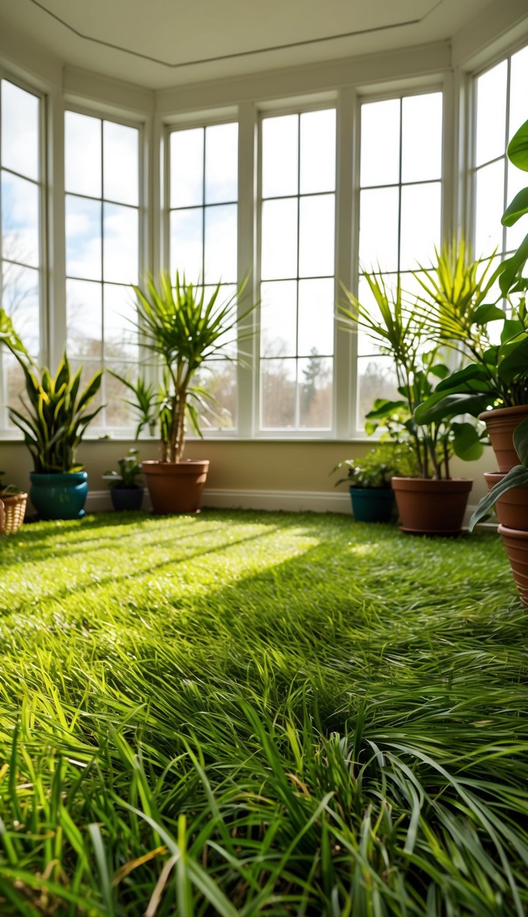 A sunlit sunroom with a floor covered in lush seagrass carpeting, surrounded by large windows and potted plants