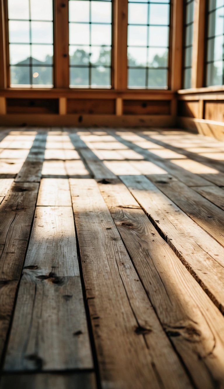 Reclaimed wood panels line the sunroom floor, creating a warm and rustic atmosphere. Sunlight filters through the windows, casting a natural glow on the weathered planks