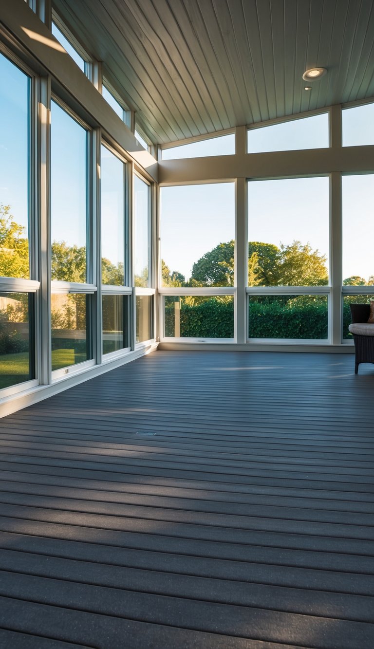 A spacious sunroom with a sleek and modern Trex composite decking floor, surrounded by large windows and filled with natural light