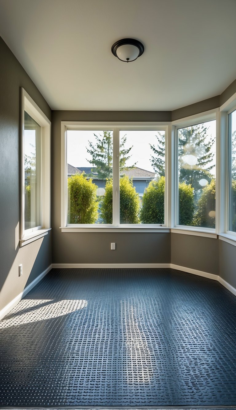 A sunlit sunroom with rubber flooring in a modern home