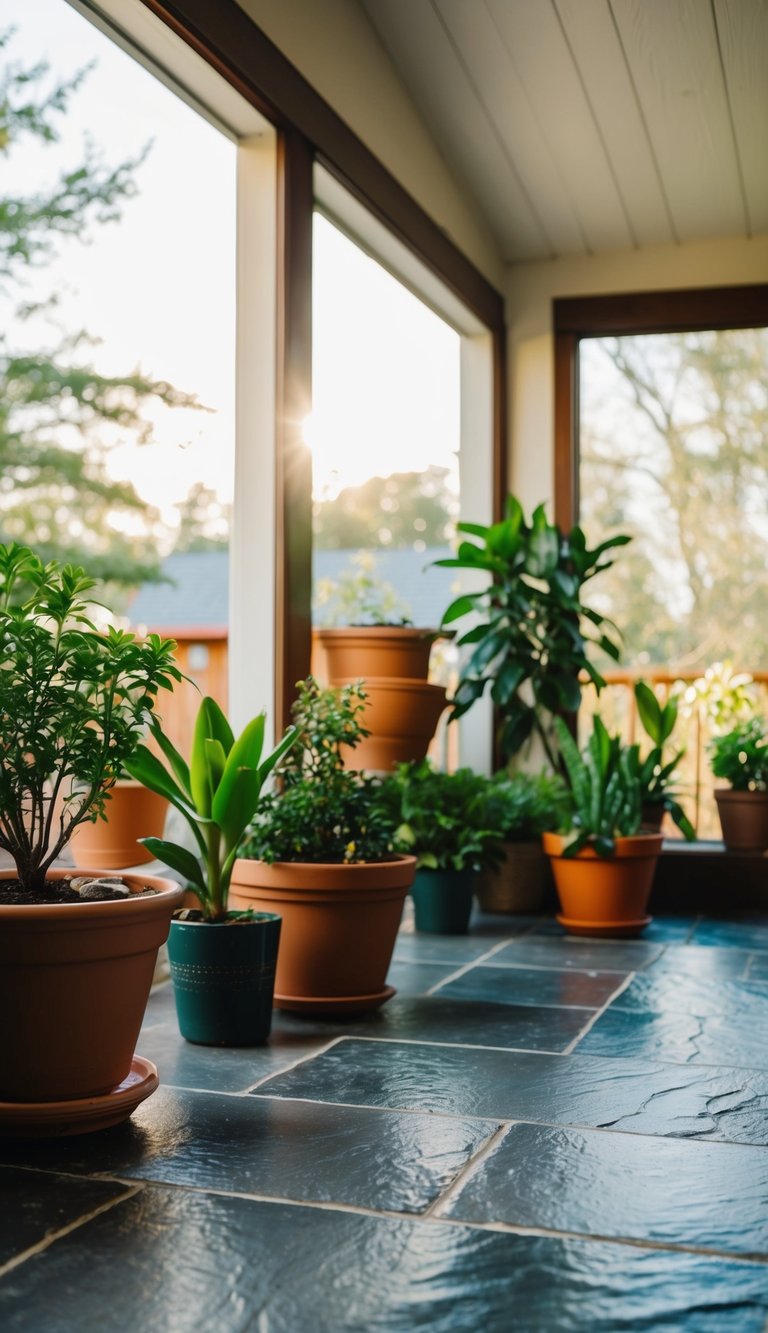 A sunlit sunroom with slate tile flooring and potted plants