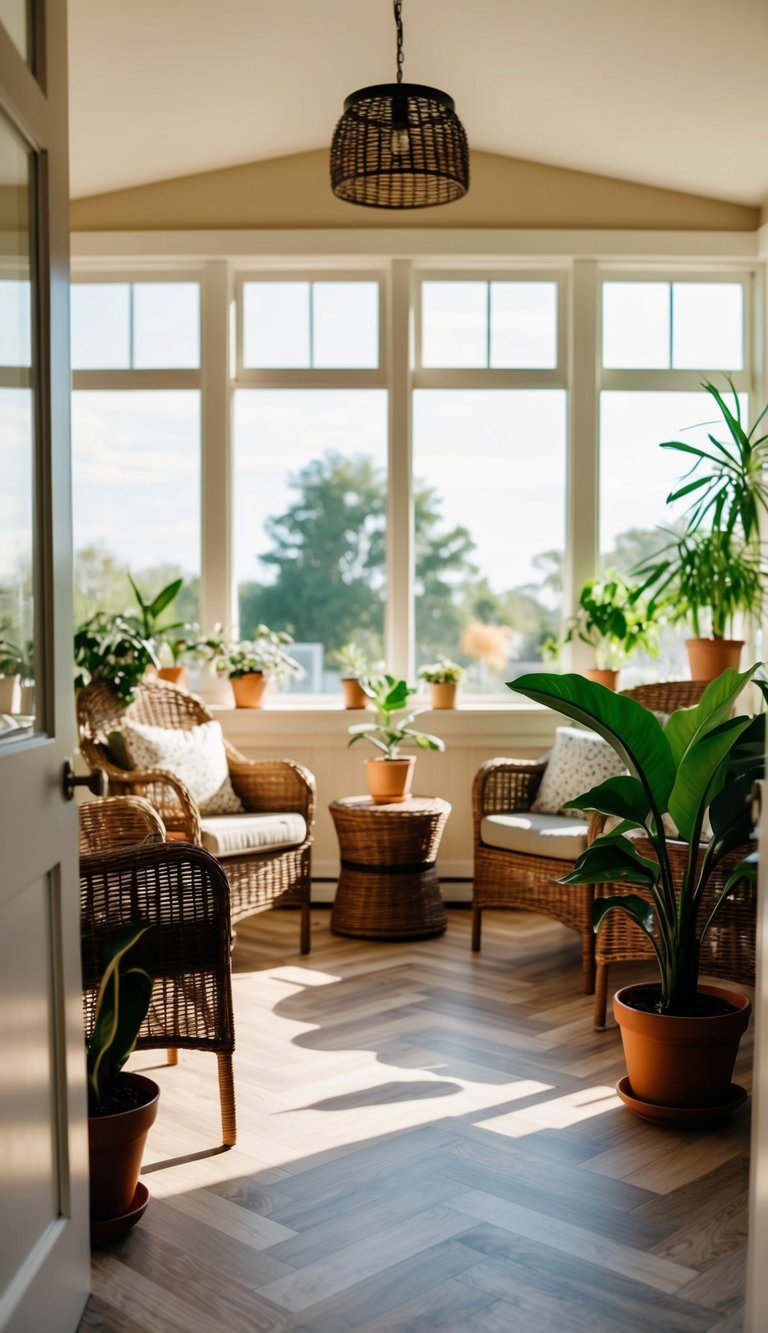 A sunlit sunroom with herringbone pattern laminate flooring, surrounded by potted plants and wicker furniture