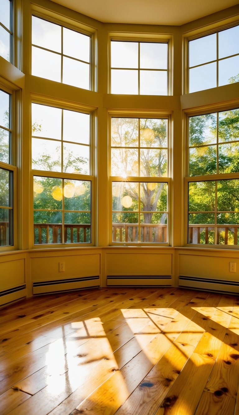 Sunlight streams through large windows onto warm, honey-colored pine wood floors, creating a cozy and inviting atmosphere in the sunroom