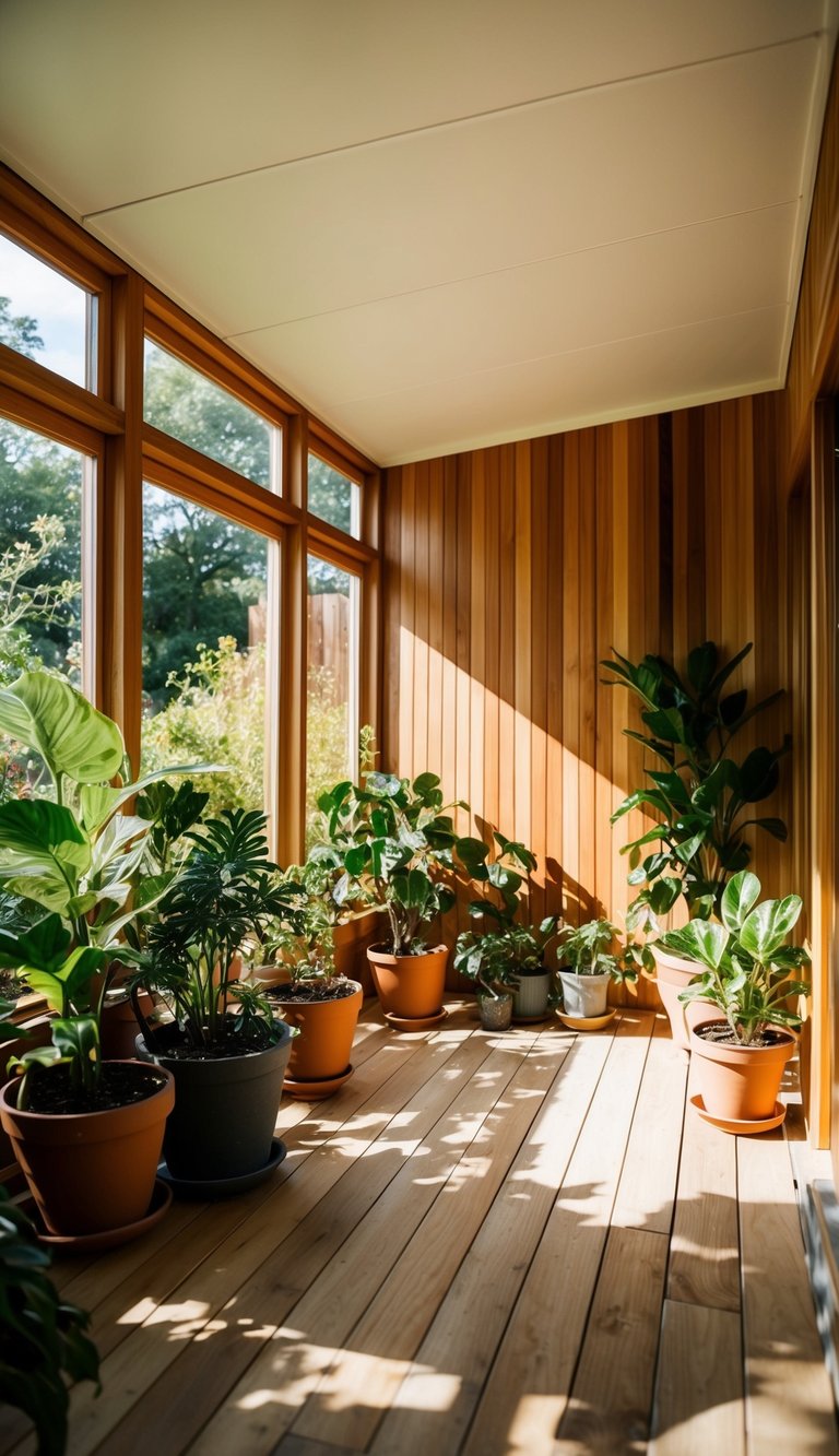 A sunlit sunroom with acacia wood panels, surrounded by potted plants and flooded with natural light