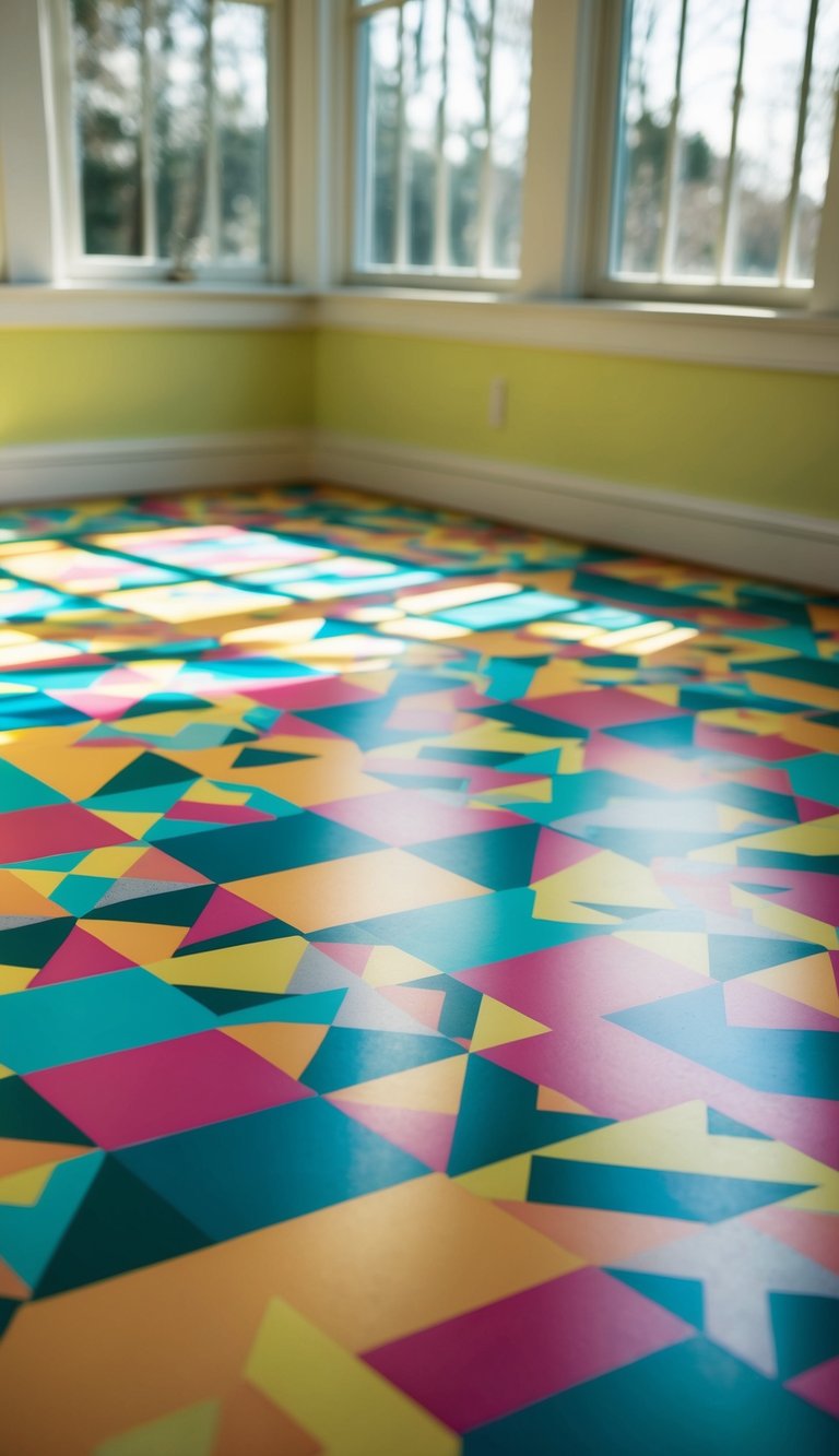 Colorful patterned vinyl sheets cover the sunroom floor, creating a vibrant and modern design. Light streams through the windows, casting playful shadows on the geometric shapes