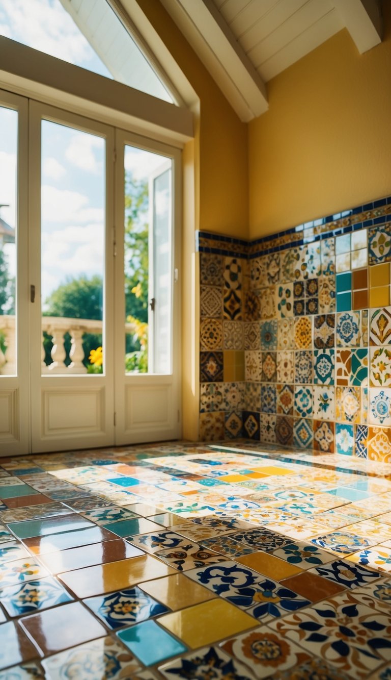 A sunlit sunroom with a mosaic of ceramic tiles in various colors and patterns, creating a bright and inviting flooring design