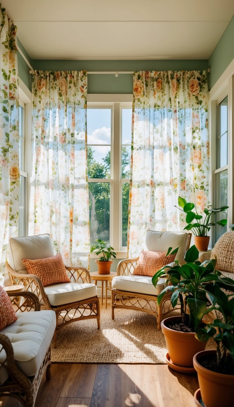 A sunroom with sheer floral curtains billowing in the breeze, casting dappled light on cozy furniture and potted plants