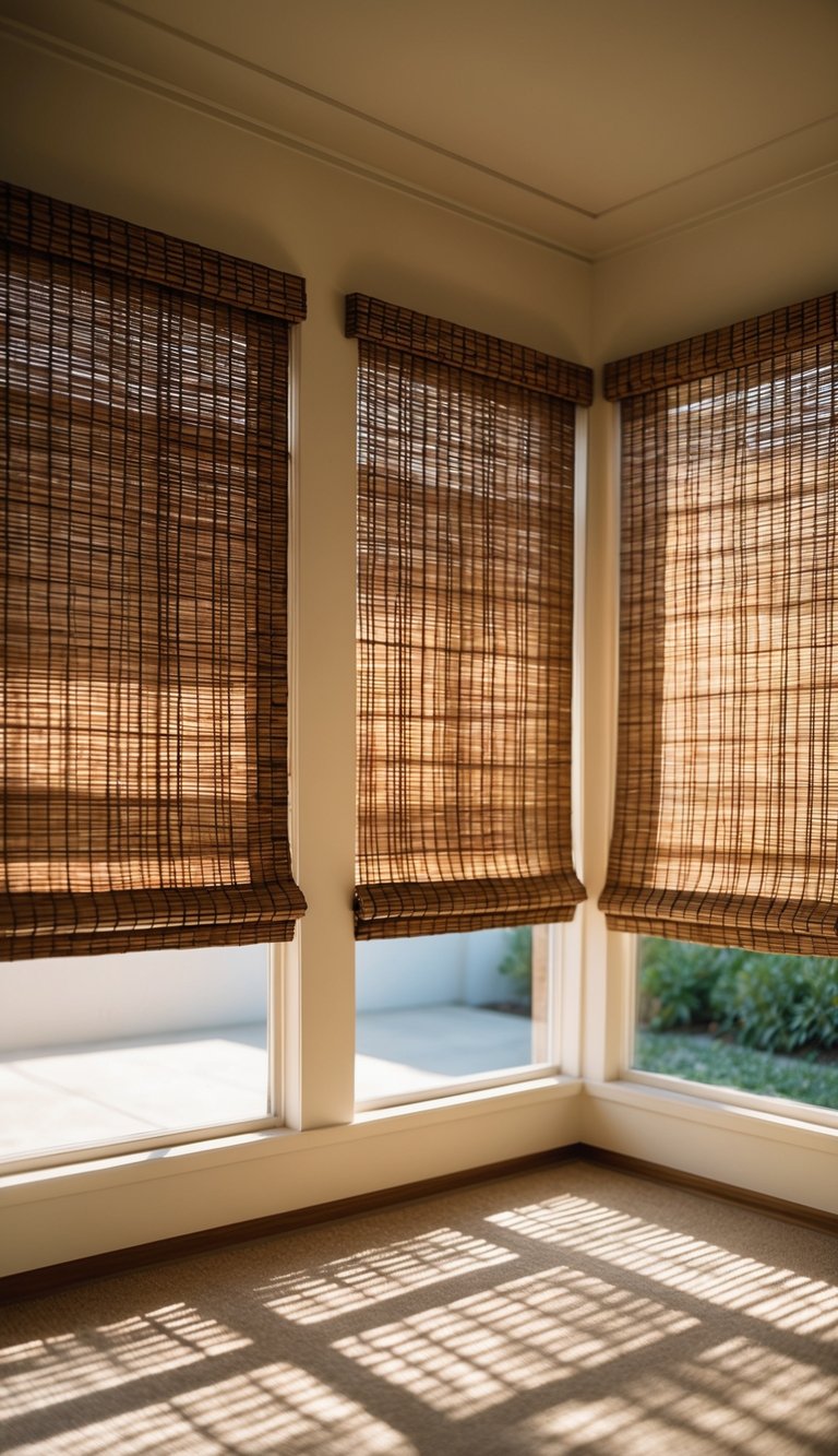 A sunlit sunroom with bamboo shades drawn, casting patterned shadows on the floor and walls