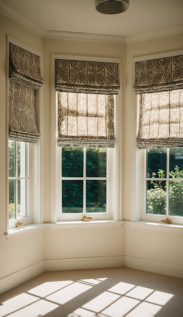 A sunlit sunroom with patterned Roman blinds hanging from the windows, casting intricate shadows on the floor