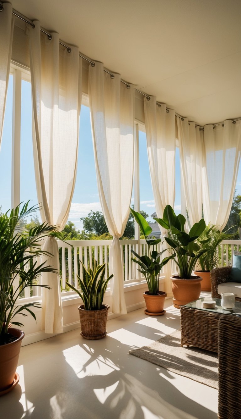 A sunlit sunroom with grommet-top linen drapes billowing in the breeze, casting soft shadows on the floor. Tall potted plants and wicker furniture complete the cozy, airy atmosphere