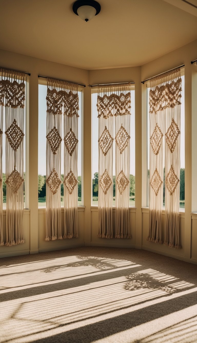 A sunlit sunroom with macrame curtain panels hanging from the ceiling, casting intricate shadows on the floor