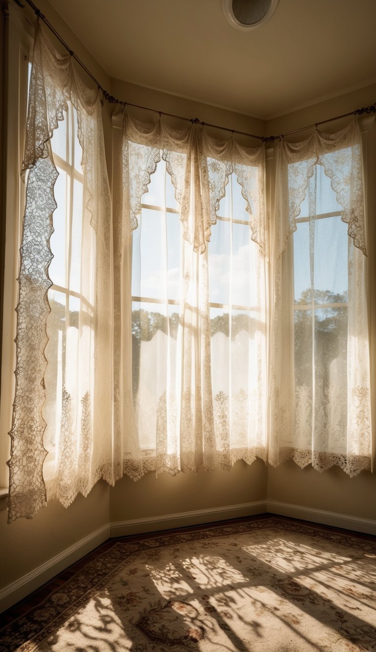 Sunlight filters through delicate lace curtains in a vintage sunroom, casting intricate patterns on the floor and walls