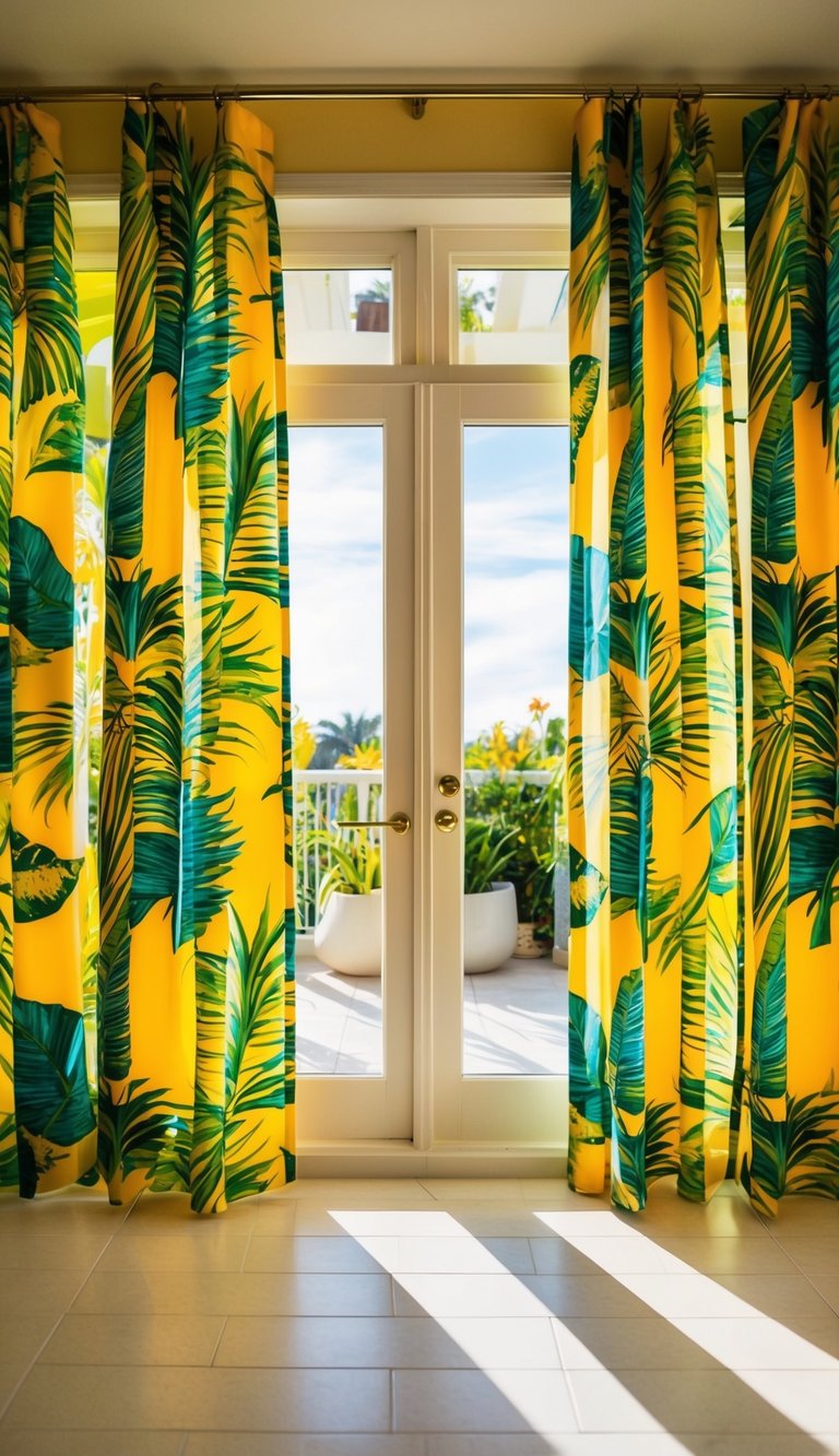 A sunlit sunroom with vibrant tropical print curtains hanging from the ceiling, creating a lively and colorful atmosphere