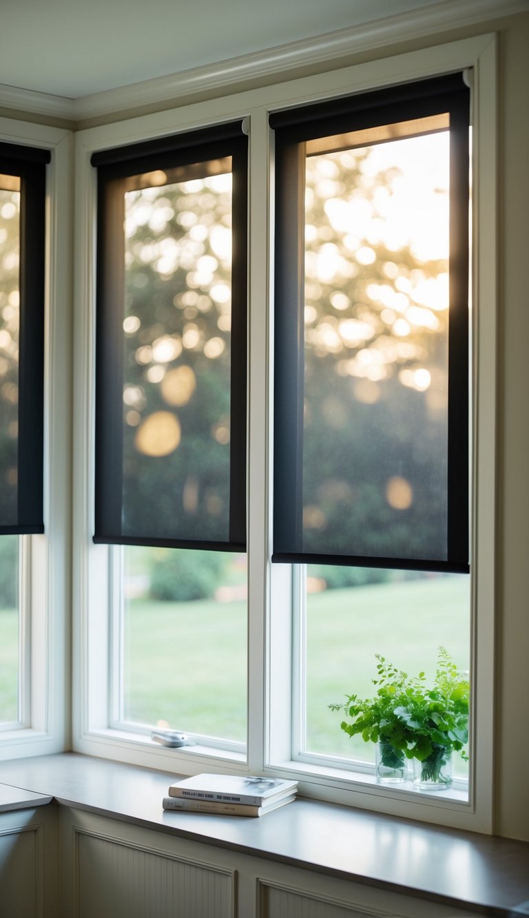 A sunroom with blackout roller shades covering the windows, casting a soft, diffused light across the room