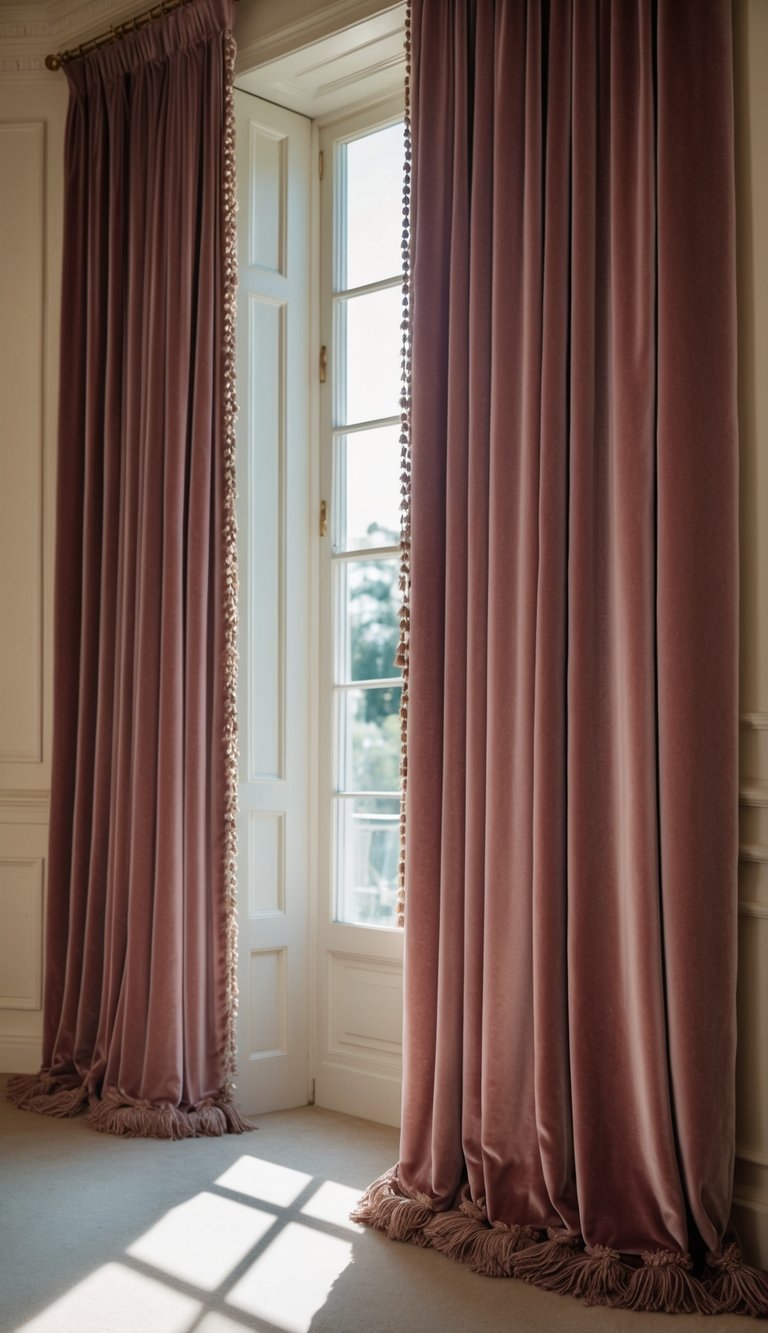 Velvet drapes with tassels hang elegantly in a sunlit room, casting soft shadows onto the floor