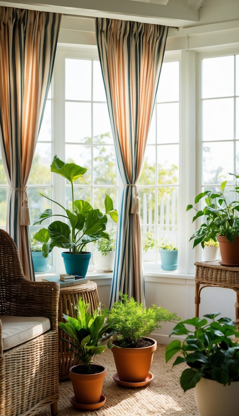 Striped cotton curtains billow in a sunlit, airy sunroom with potted plants and wicker furniture