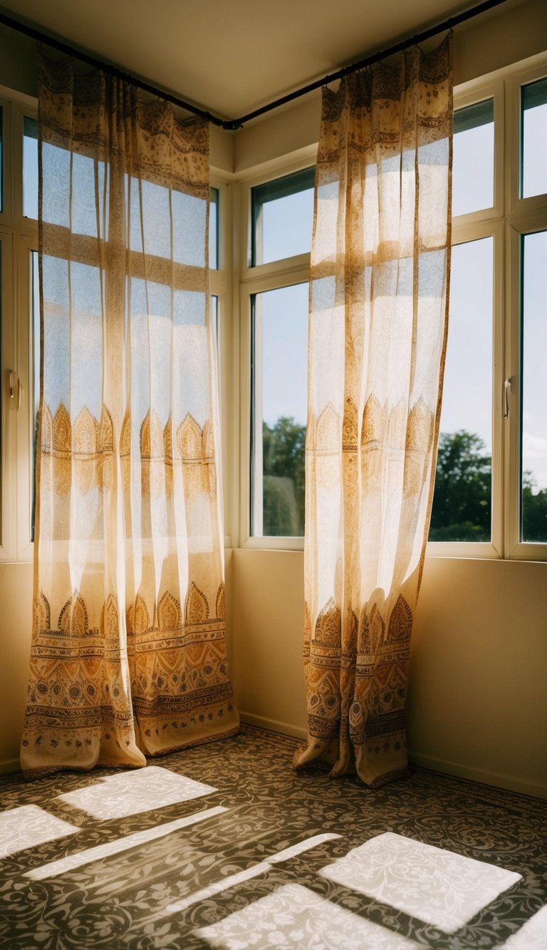 A sunlit sunroom with boho print sheer curtains billowing in the breeze, casting intricate patterns of light and shadow on the floor and walls