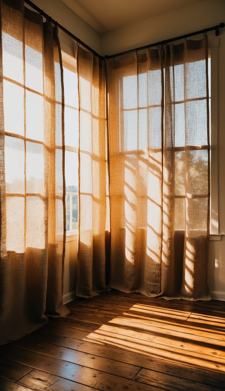 Sunlight streams through burlap curtains in a cozy sunroom, casting warm, dappled patterns on the rustic wooden floor