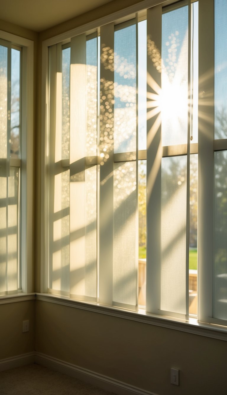 Sunlight streams through sheer panels, casting dappled patterns on a sunroom's interior