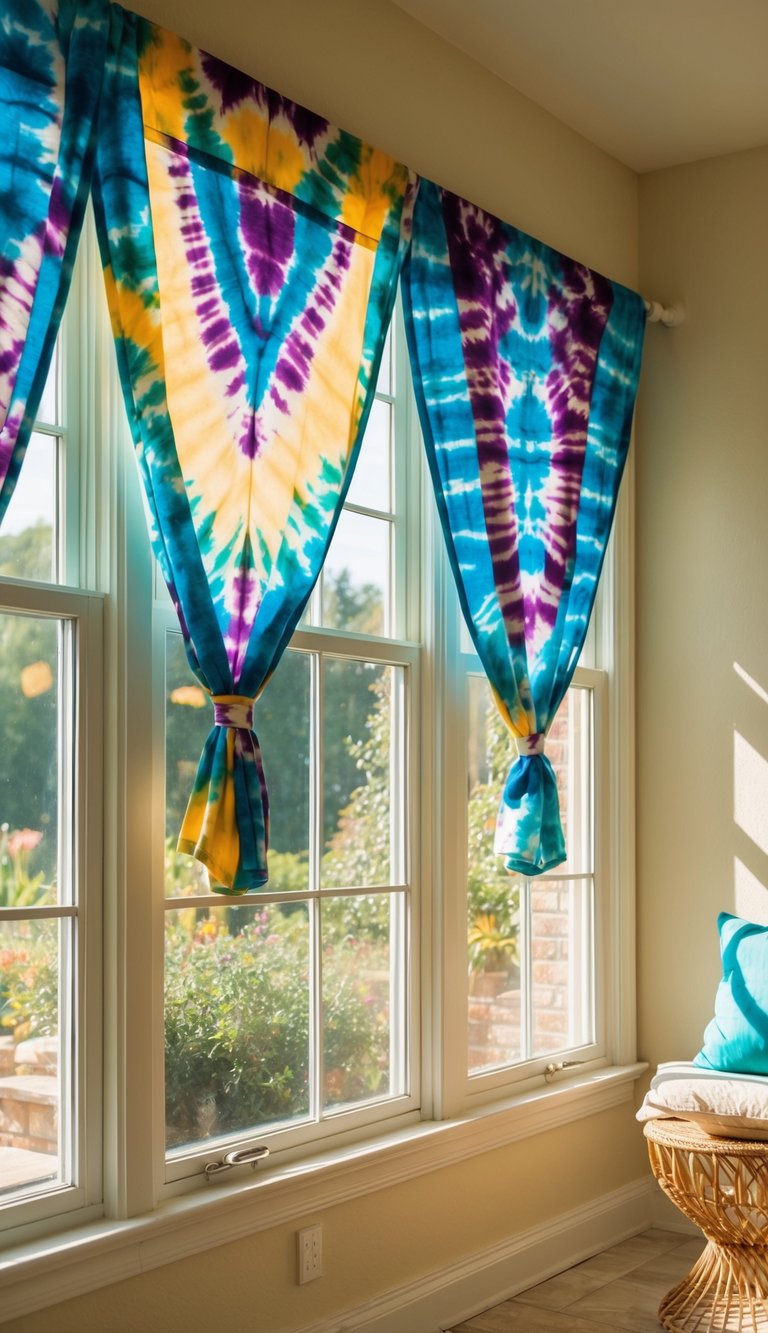 A sunlit sunroom with tie-dye valances hanging from the windows, casting vibrant patterns across the room