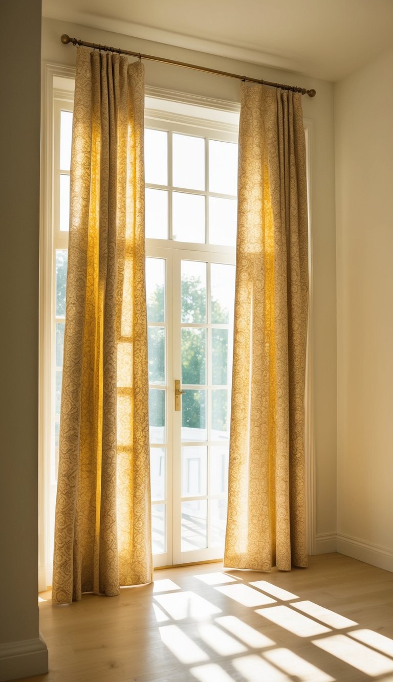 Sunlight streams through a patterned cafe curtain in a bright, airy sunroom, casting dappled shadows on the floor