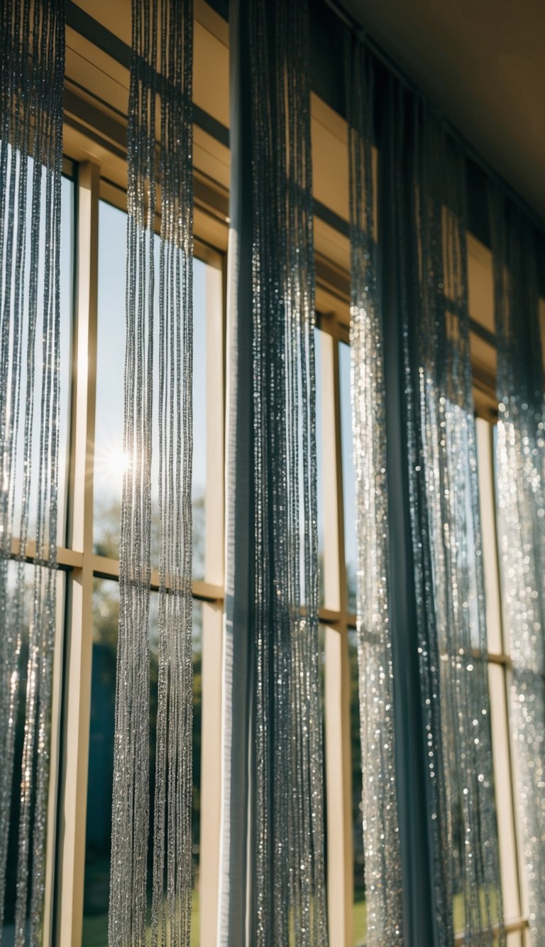 Metallic thread curtains shimmer in the sunlight, casting intricate patterns across the sunroom