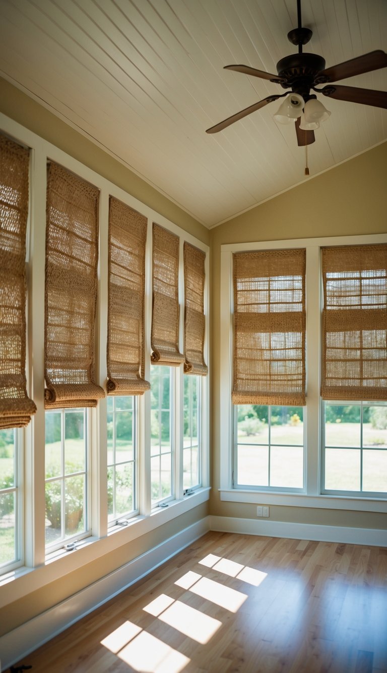 A sunlit sunroom with large windows, adorned with woven jute panels hanging from the ceiling