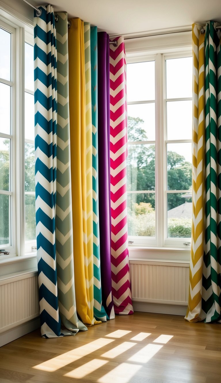 A sunlit room with large windows, featuring chevron print drapes in various colors and lengths, creating a vibrant and stylish atmosphere