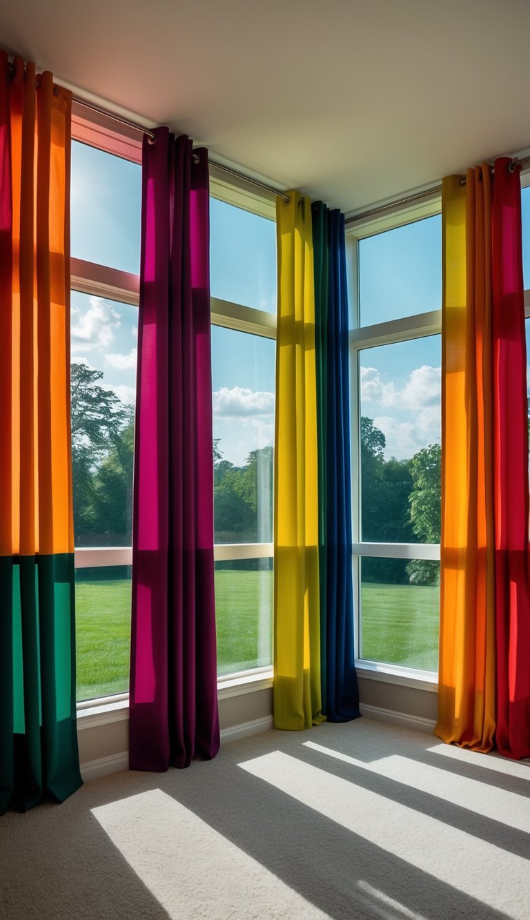 A sunroom with floor-to-ceiling color block curtains in various bold and vibrant hues, casting playful and dynamic shadows across the room