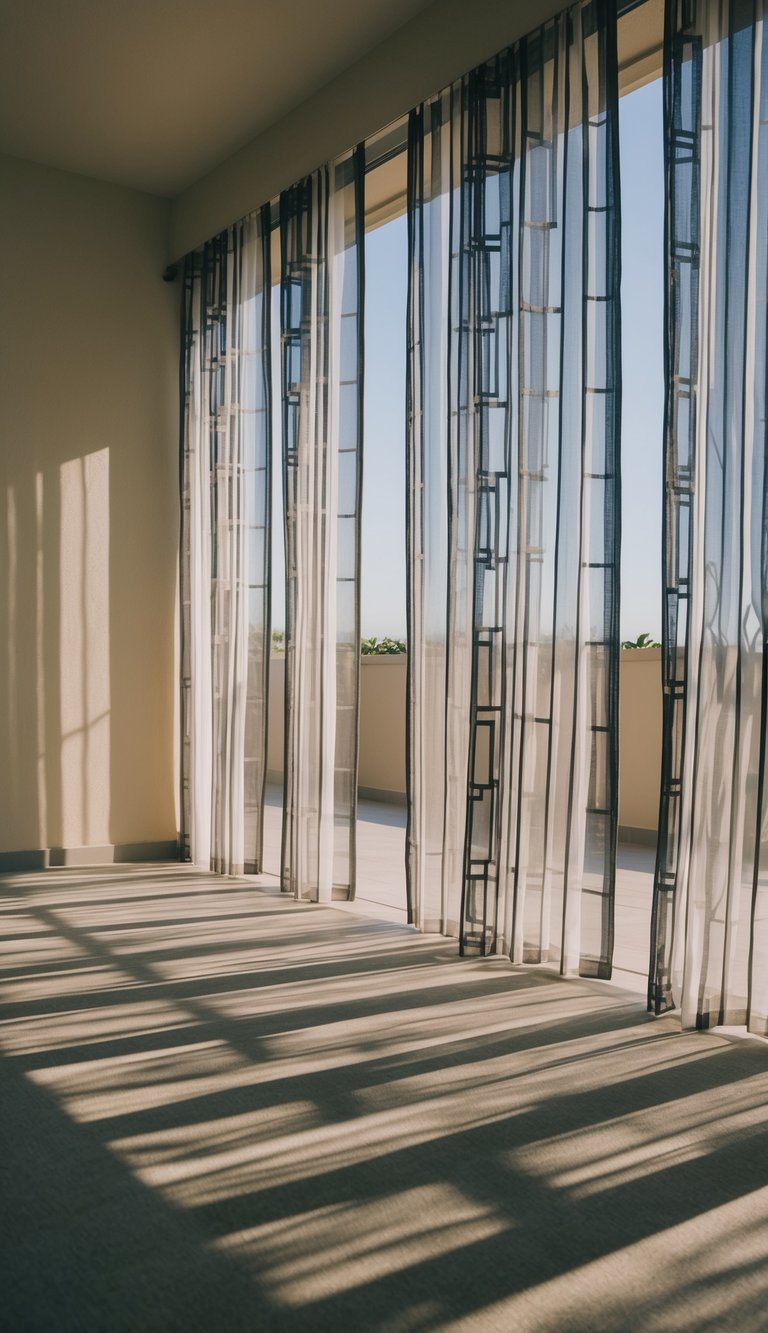 A sunlit sunroom with geometric patterned sheers billowing in the breeze, casting intricate shadows on the floor