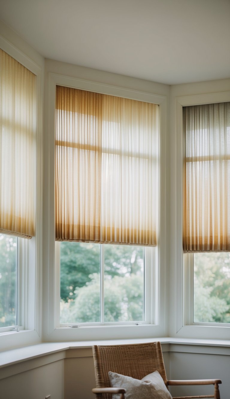 The sunroom is filled with soft, diffused light filtering through pleated ombre shades, creating a tranquil and inviting atmosphere