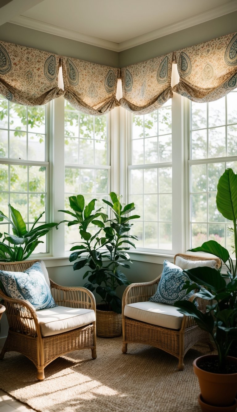 A sunroom with paisley cotton valances, casting dappled light on cozy furniture and potted plants