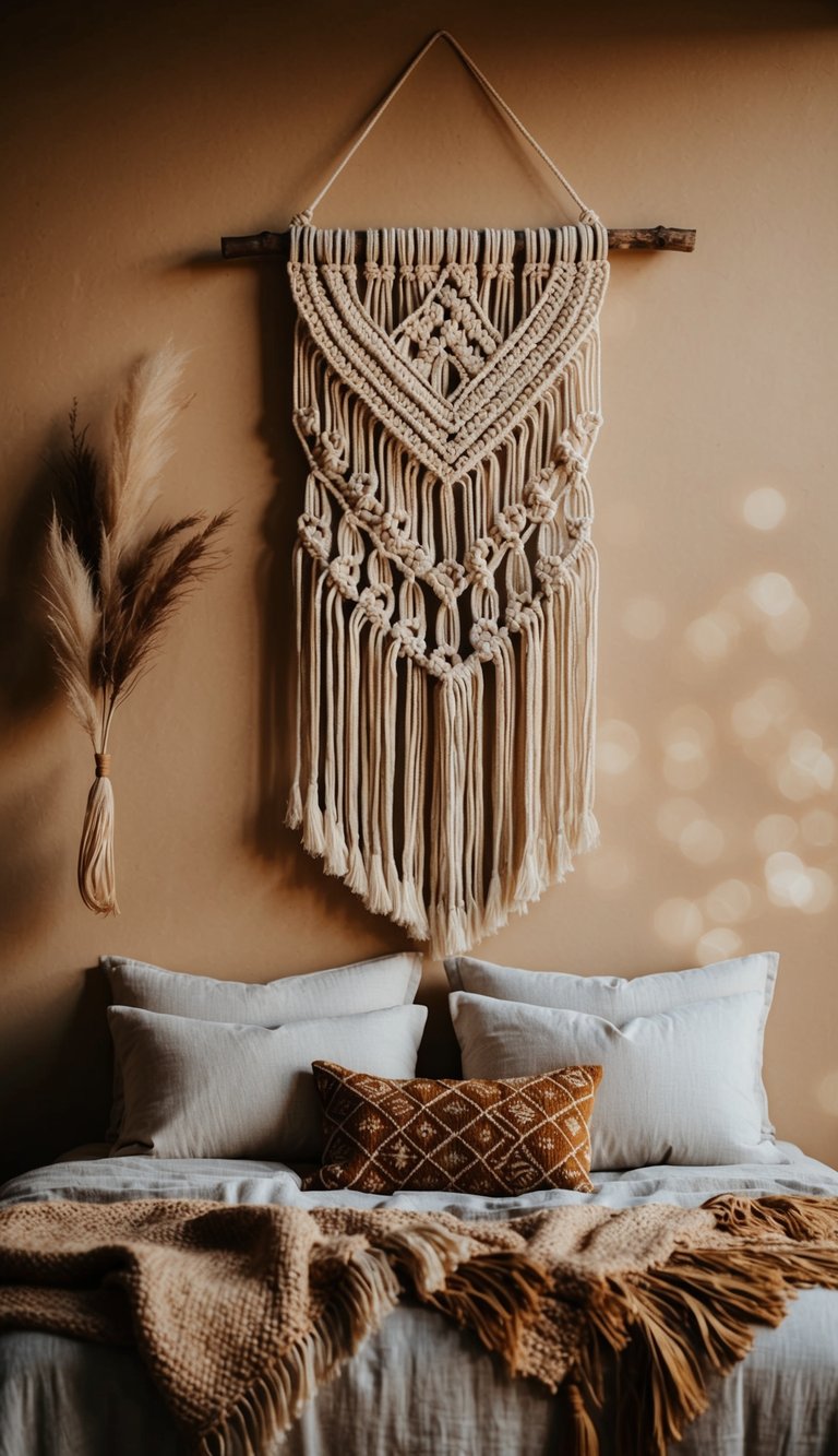 A macrame wall hanging hangs above a cozy bed in a Western boho bedroom with warm earthy tones and natural textures