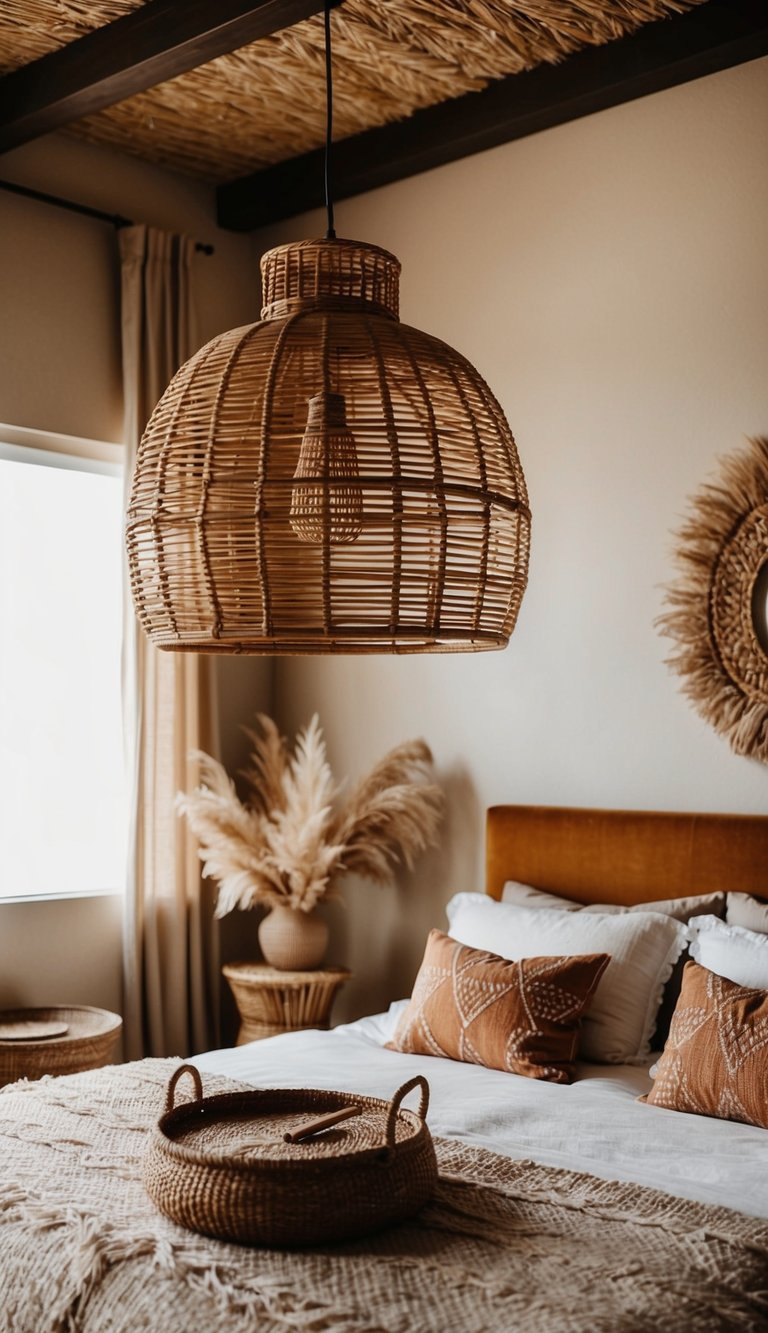 A cozy, bohemian bedroom with a rattan pendant light hanging above a bed, surrounded by earthy tones and natural textures