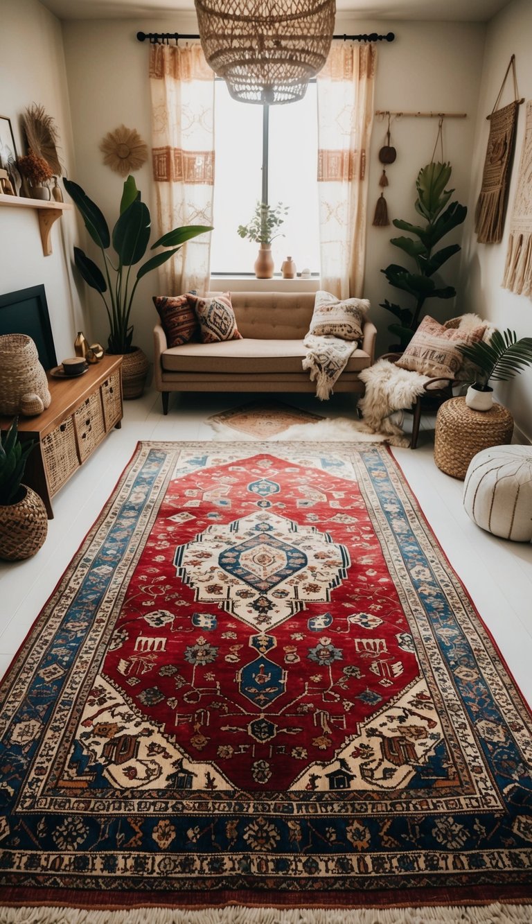 A vintage Persian rug lies in the center of a bohemian-inspired bedroom, surrounded by eclectic decor and natural textures