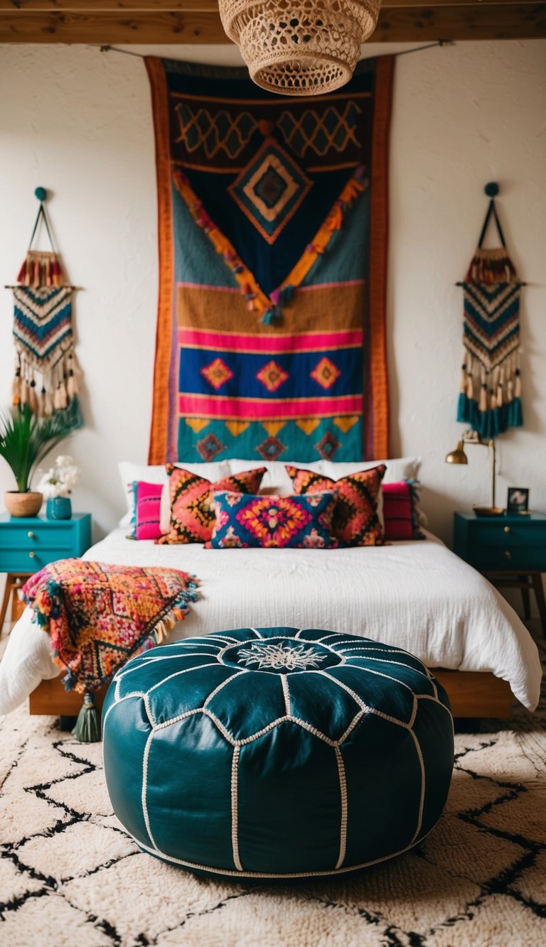 A cozy western boho bedroom with a Moroccan pouf ottoman as a centerpiece, surrounded by eclectic decor and vibrant patterns