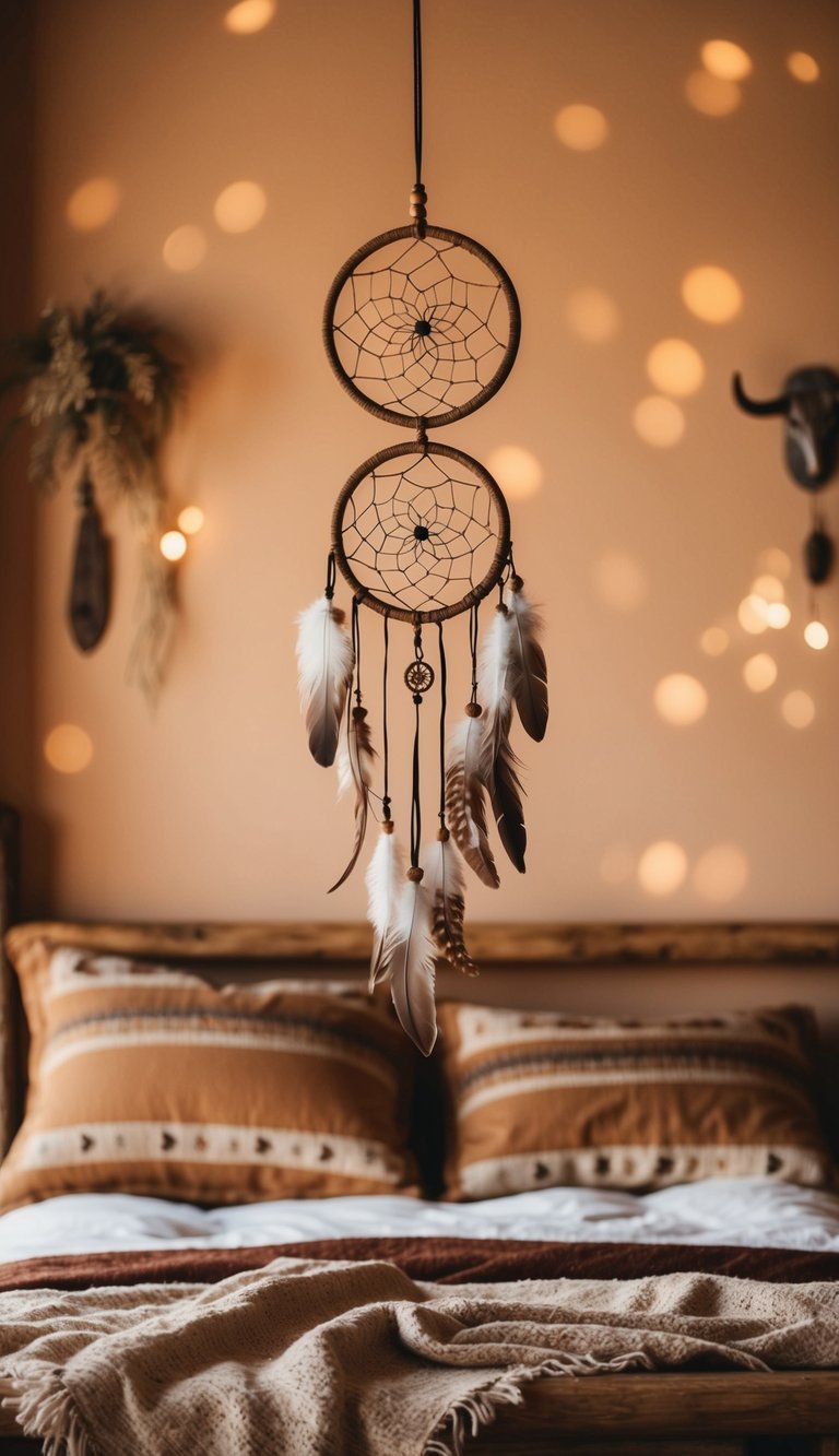 A dreamcatcher with feathers hangs above a rustic bed in a western boho bedroom, surrounded by warm earth tones and natural textures