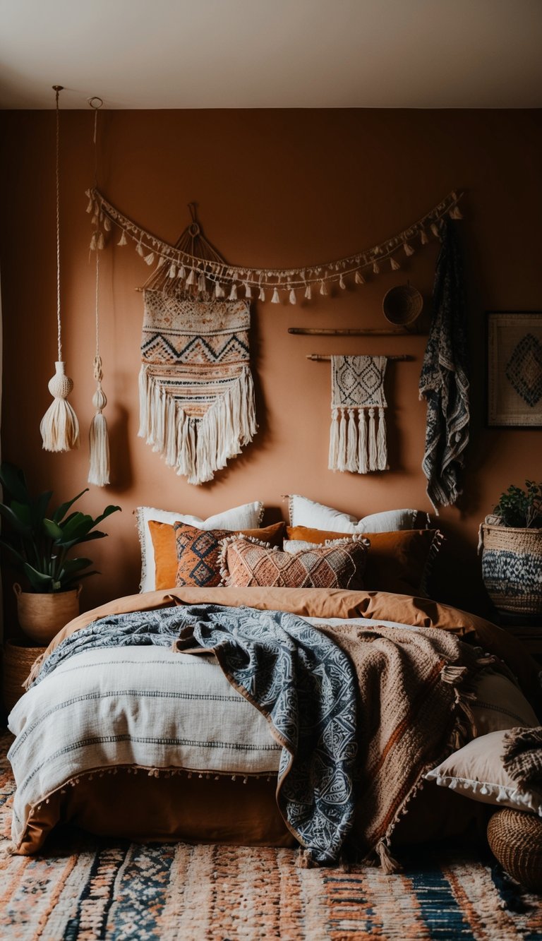 A cozy, eclectic bedroom with earthy tones, layered textiles, and vintage decor. A mix of patterns and textures creates a bohemian atmosphere