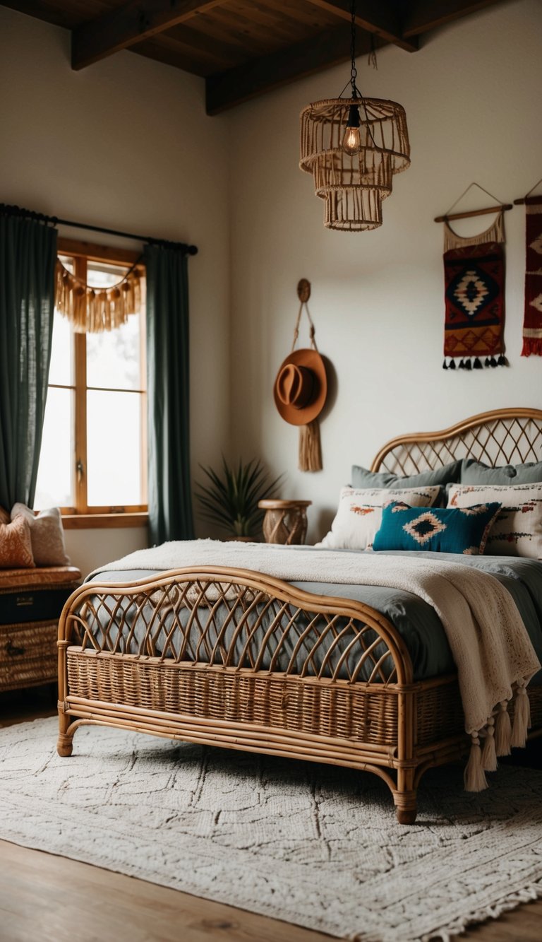 A wicker bed frame surrounded by bohemian decor and western-inspired accents in a cozy bedroom setting