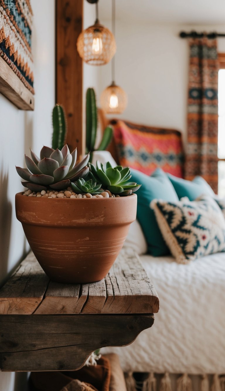 A rustic clay pot with succulents sits on a weathered wooden shelf in a cozy western boho bedroom