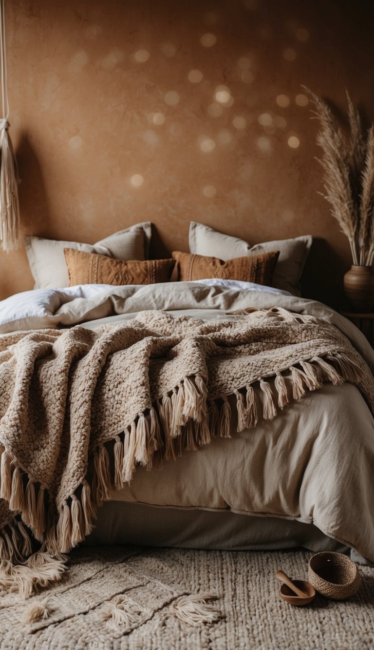 A cozy, bohemian bedroom with textured throw blankets draped over a rustic bed, surrounded by warm, earthy tones and natural materials