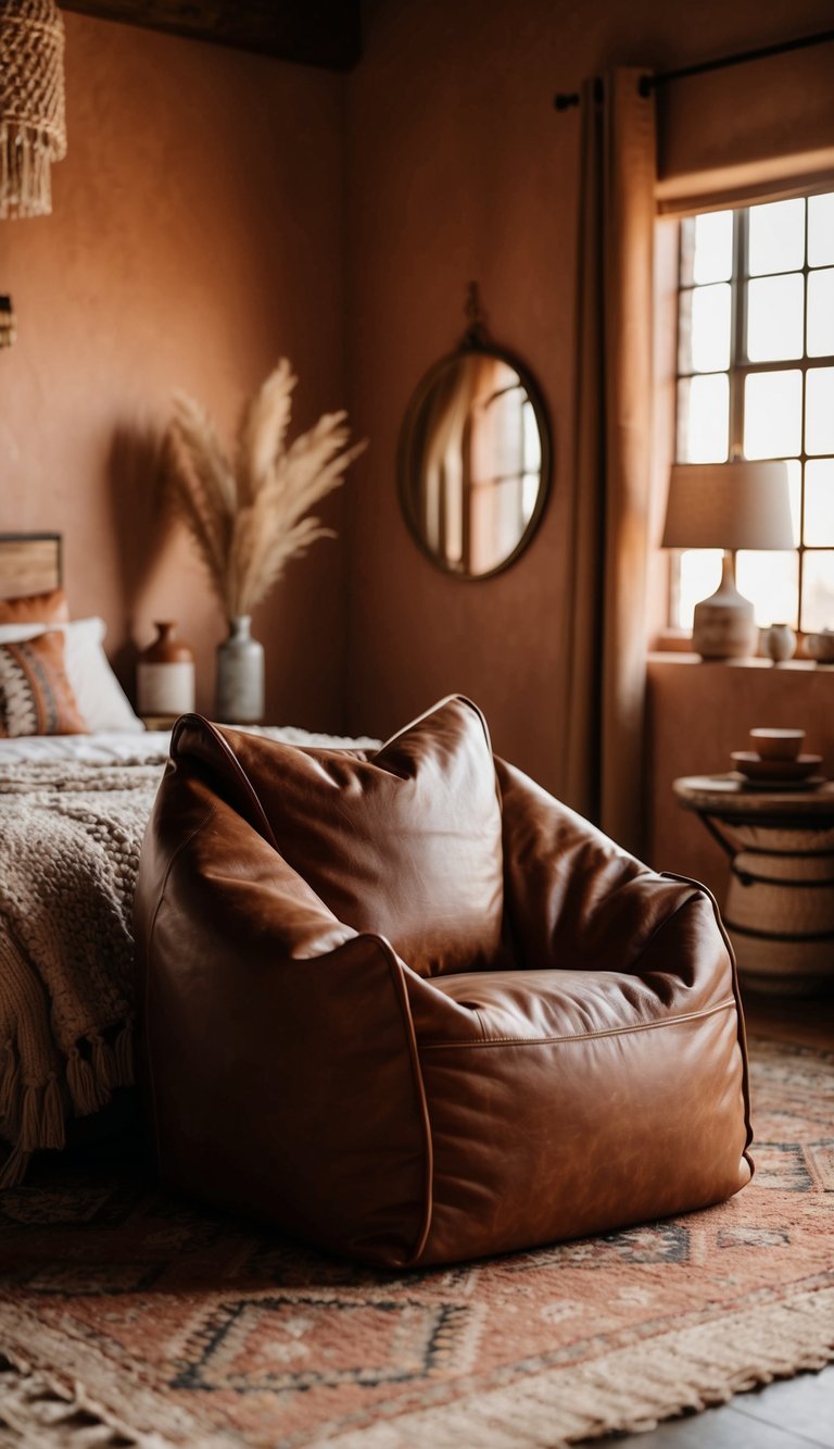 A cozy leather bean bag chair sits in a rustic western boho bedroom, surrounded by warm earthy tones and natural textures