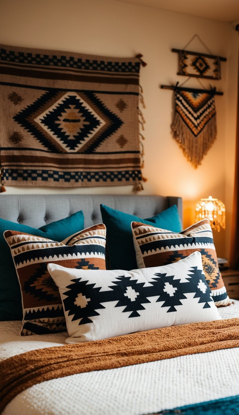 A cozy bedroom with Southwestern geometric pillows on a bed, surrounded by boho decor and warm lighting