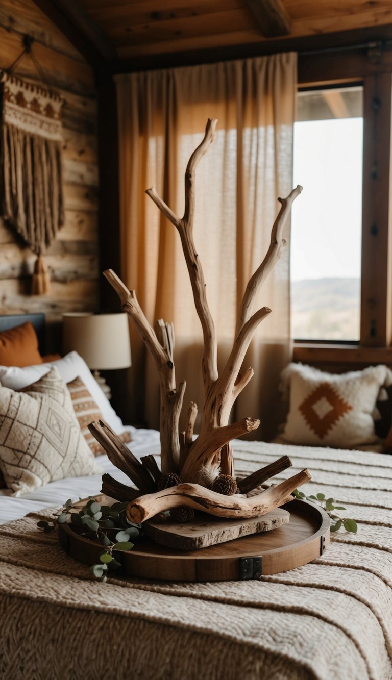 A rustic driftwood centerpiece adorns a cozy western boho bedroom, surrounded by earthy textiles and warm, natural hues